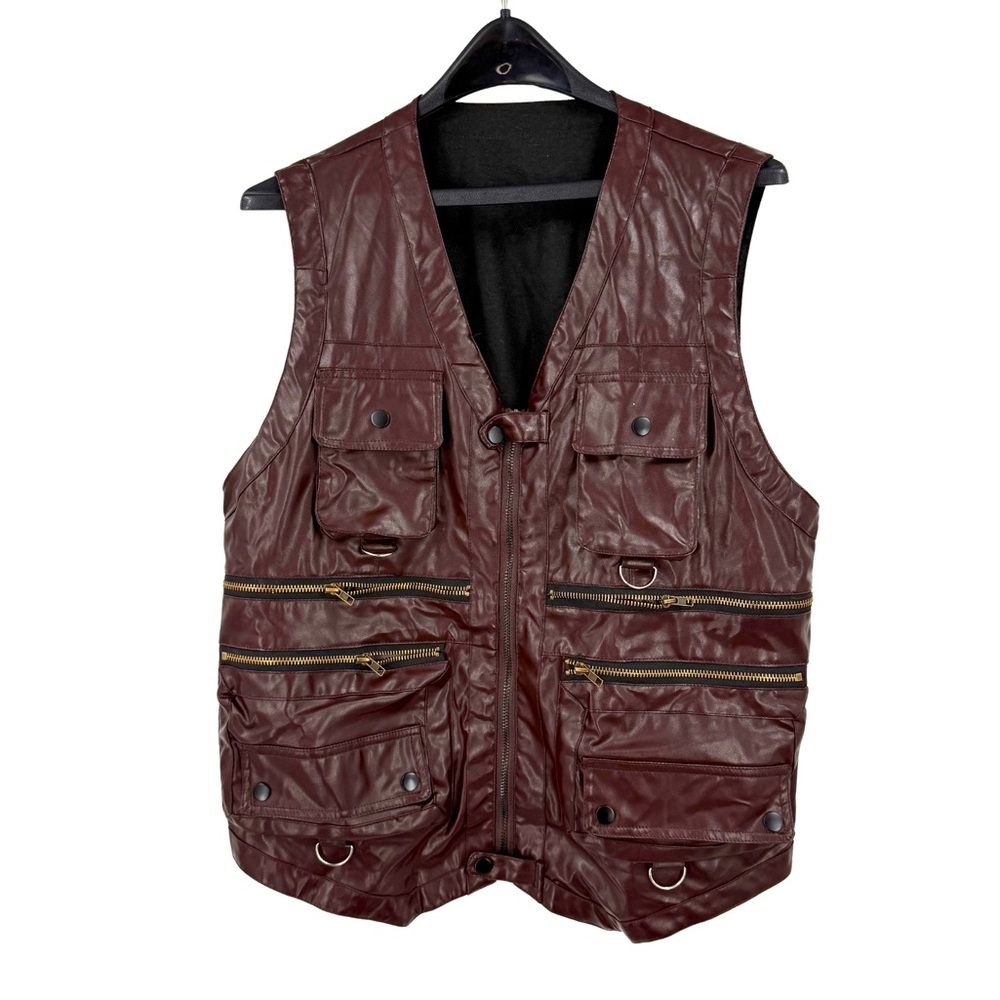 Faux Leather Moto Utility Vest Burgundy Zip Pocket Streetwear Grunge Biker Punk